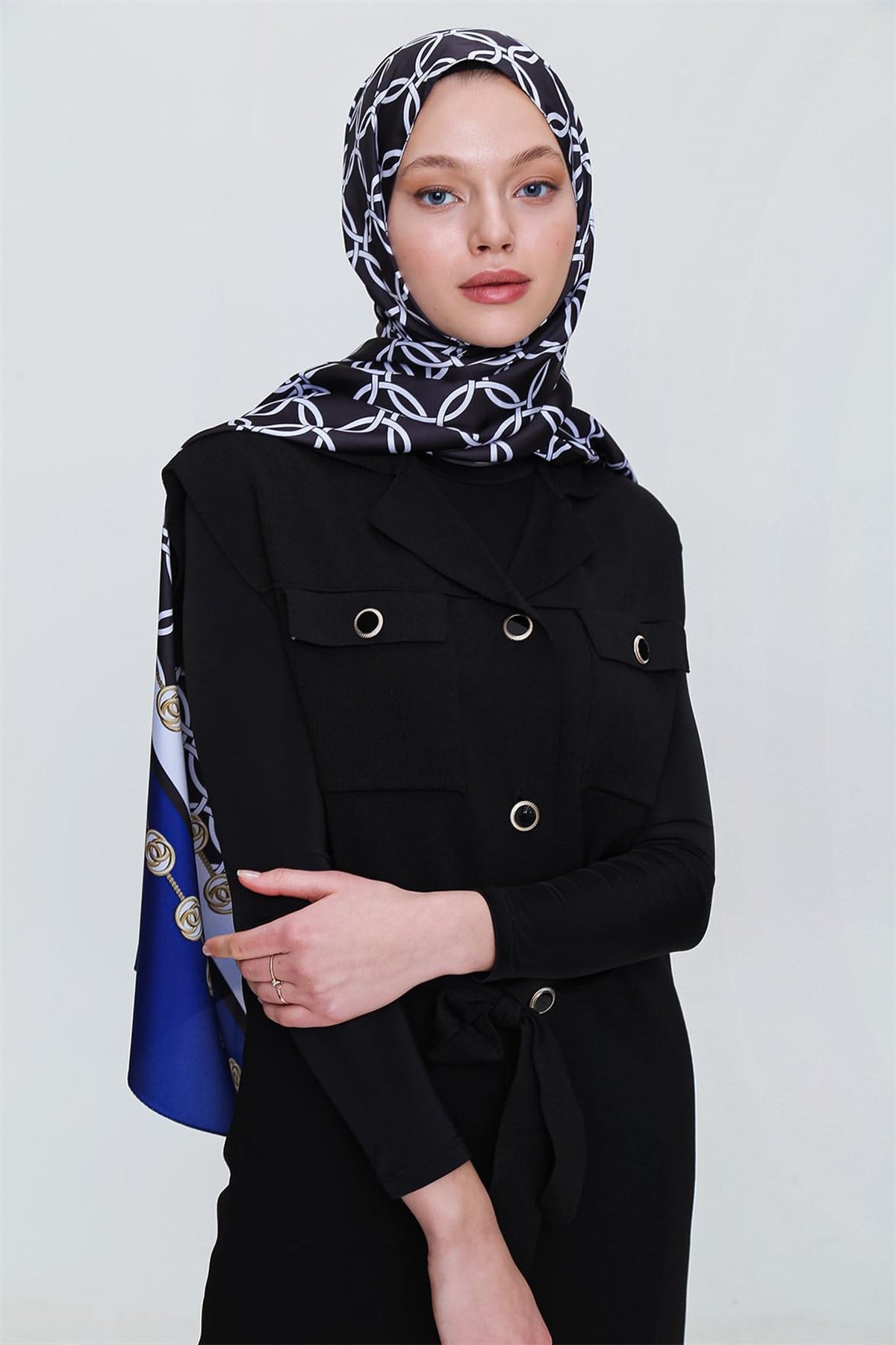 SHANTUQ TWİLL ŞAL HALKA DESEN-SİYAH-SAKS