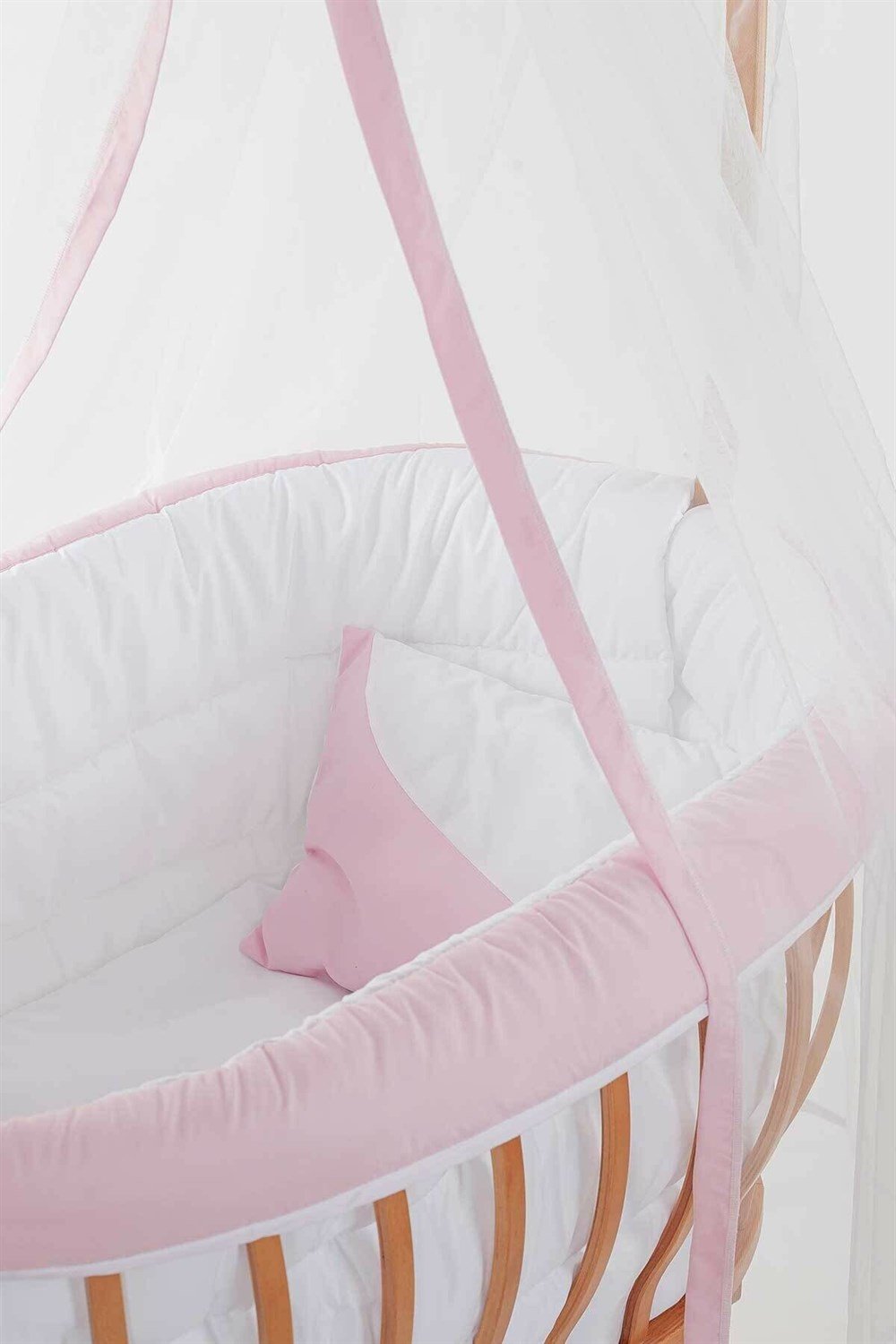 Babycom Doğal Ahşap Kurulu Sepet Beşik - Pembe Lüx Giydirme Uyku Seti