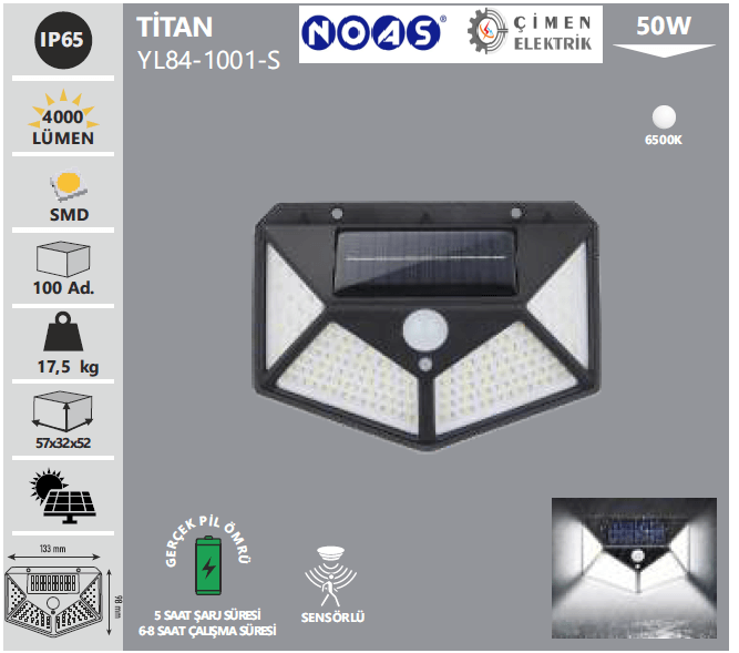 NOAS YL84 1001 S TİTAN 50W Siyah Sensörlü Solar Aplik  Beyaz Işık 6500KLed ApliklerNOASYL84-1001-S-29239