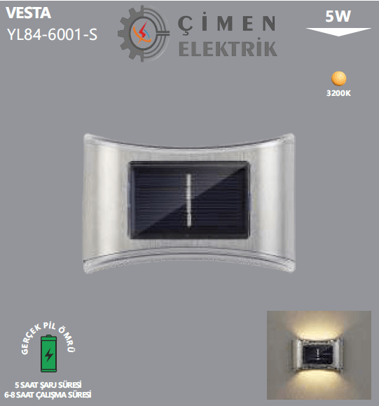 Noas YL84 6001 S Vesta 5W Solar Aplik GünışığıNoas YL84 6001 S Vesta 5W Solar Duvar Aplik - Günışığı ile AydınlatmaLed ApliklerNOASYL84-6001-S-29320