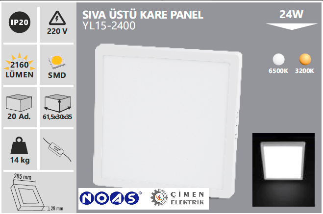 NOAS YL15 2400 Sıva Üstü Kare 24W Led Spot 6500k BeyazSıva Üstü Led SpotlarNOASYL15-2400-29222