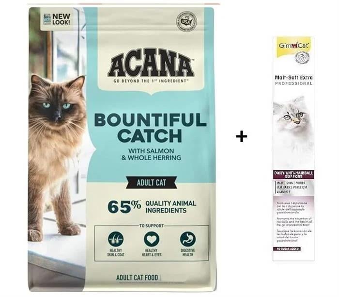 Acana Bountiful Güçlü ve Sağlıklı Kemikler için Balıklı Tahılsız Yetişkin Kedi Maması 1,8 kg + (Gimcat Malt Extra 100 g)