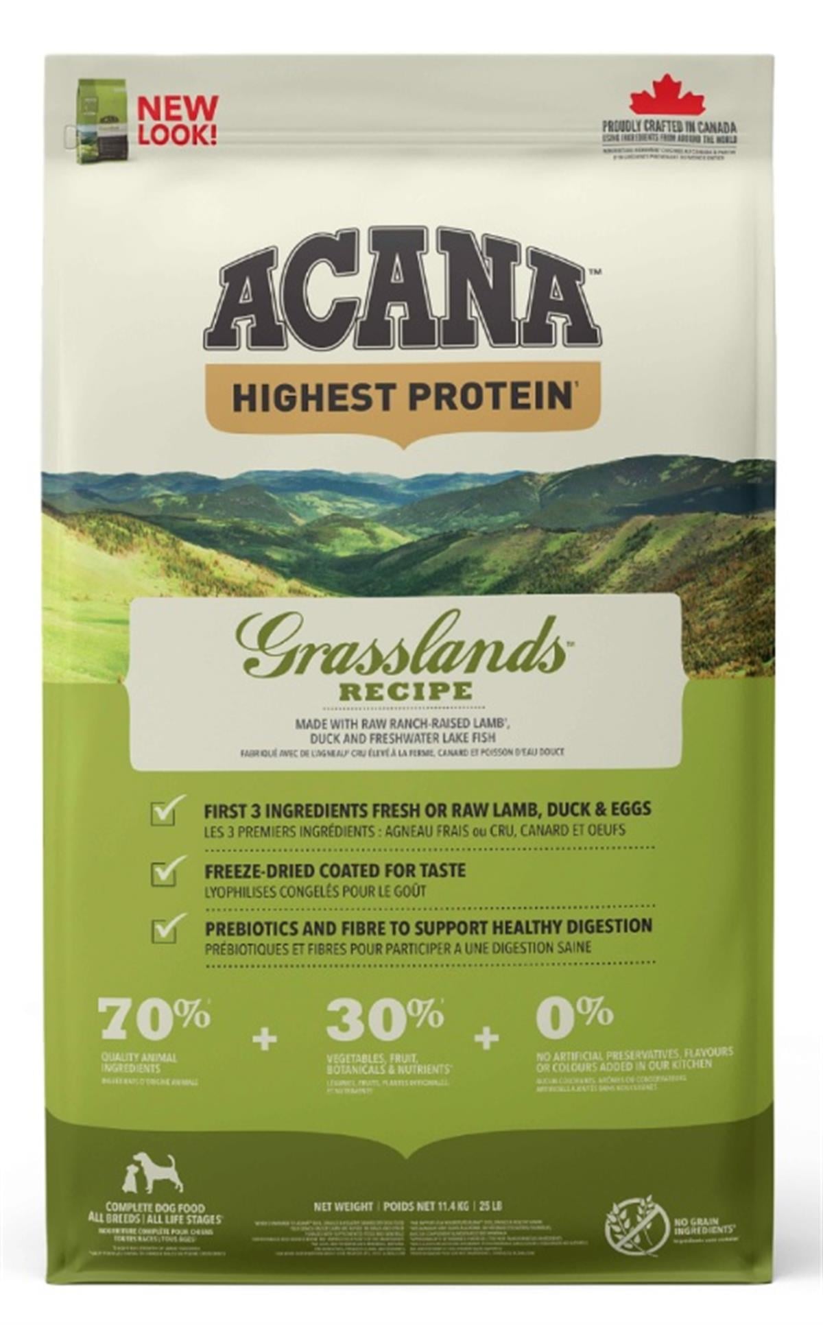 Acana Grasslands Kuzulu, Ördekli ve Balıklı Tahılsız Yetişkin Köpek Maması 11,4 kg
