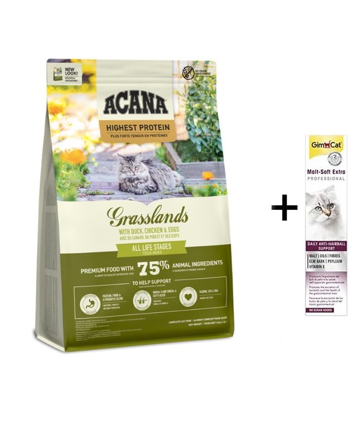 Acana Grasslands Ördekli Tahılsız Kedi Maması 4,5 kg + (Gimcat Malt Extra 100 g)