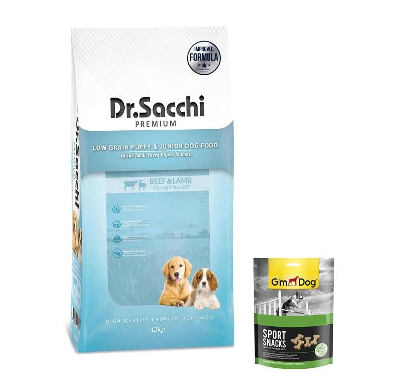 Dr.Sacchi Junior Premium Düşük Tahıllı Sığır Ve Kuzu Etli Yavru Köpek Maması 12 kg (Gimdog Sport Snack Köpek Ödülü 60 gr Hediye)