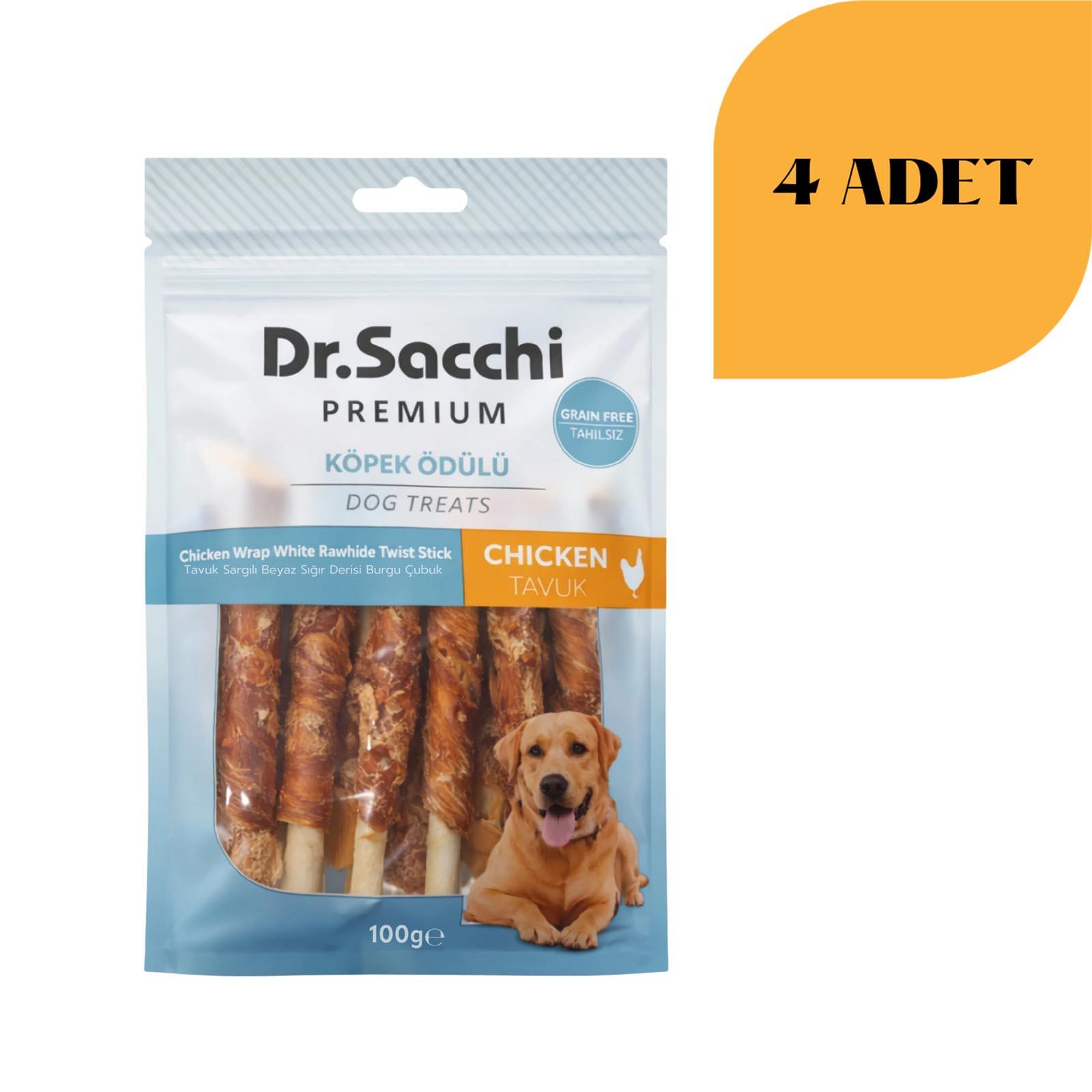 Dr. Sacchi Tavuk Sargılı İnek Derisi Sütlü Burgu Kemik Köpek Ödülü 100 g x 4 Adet