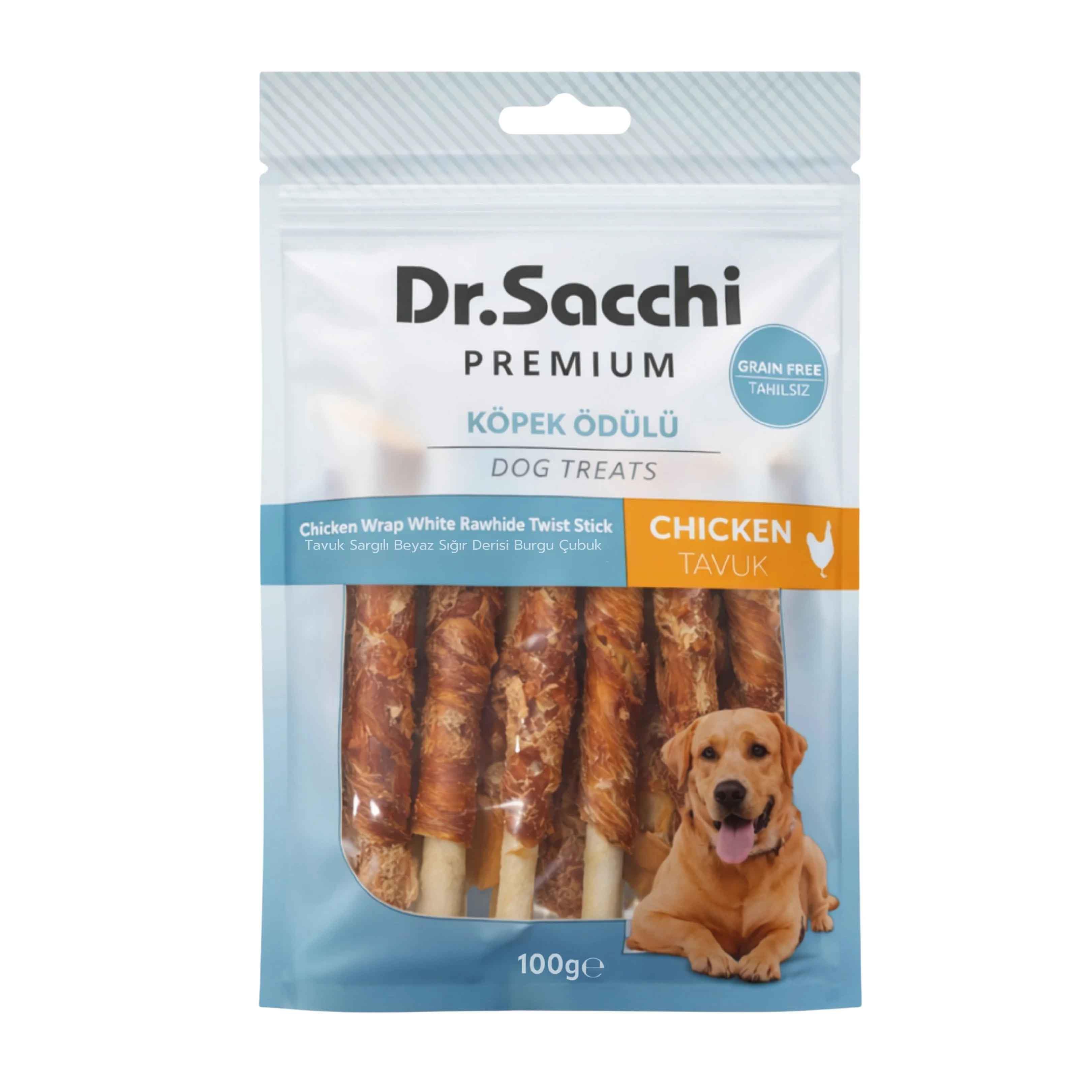 Dr. Sacchi Tavuk Sargılı İnek Derisi Sütlü Burgu Kemik Köpek Ödülü 100 g (10 Adet)