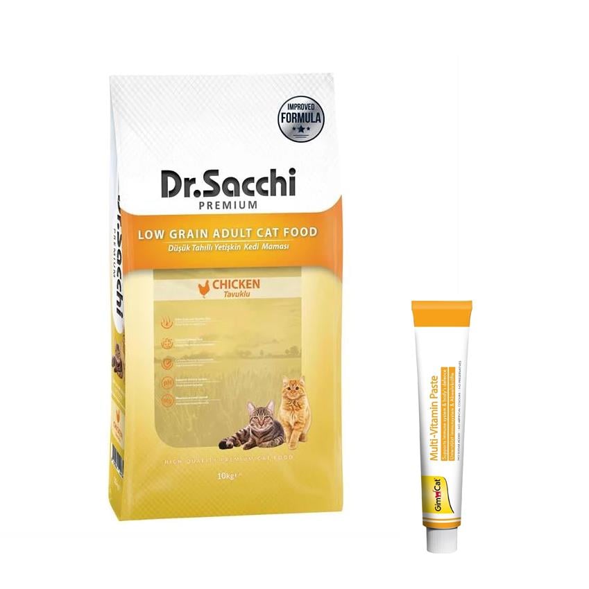 Dr.Sacchi Premium Düşük Tahıllı Tavuklu Yetişkin Kedi Maması 10 Kg + Gimcat Multivitamin 100 gr