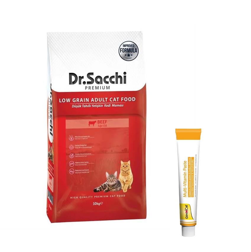 Dr.Sacchi Premium Düşük Tahıllı Sığırlı Yetişkin Kedi Maması 10 Kg + Gimcat Multivitamin 100 gr