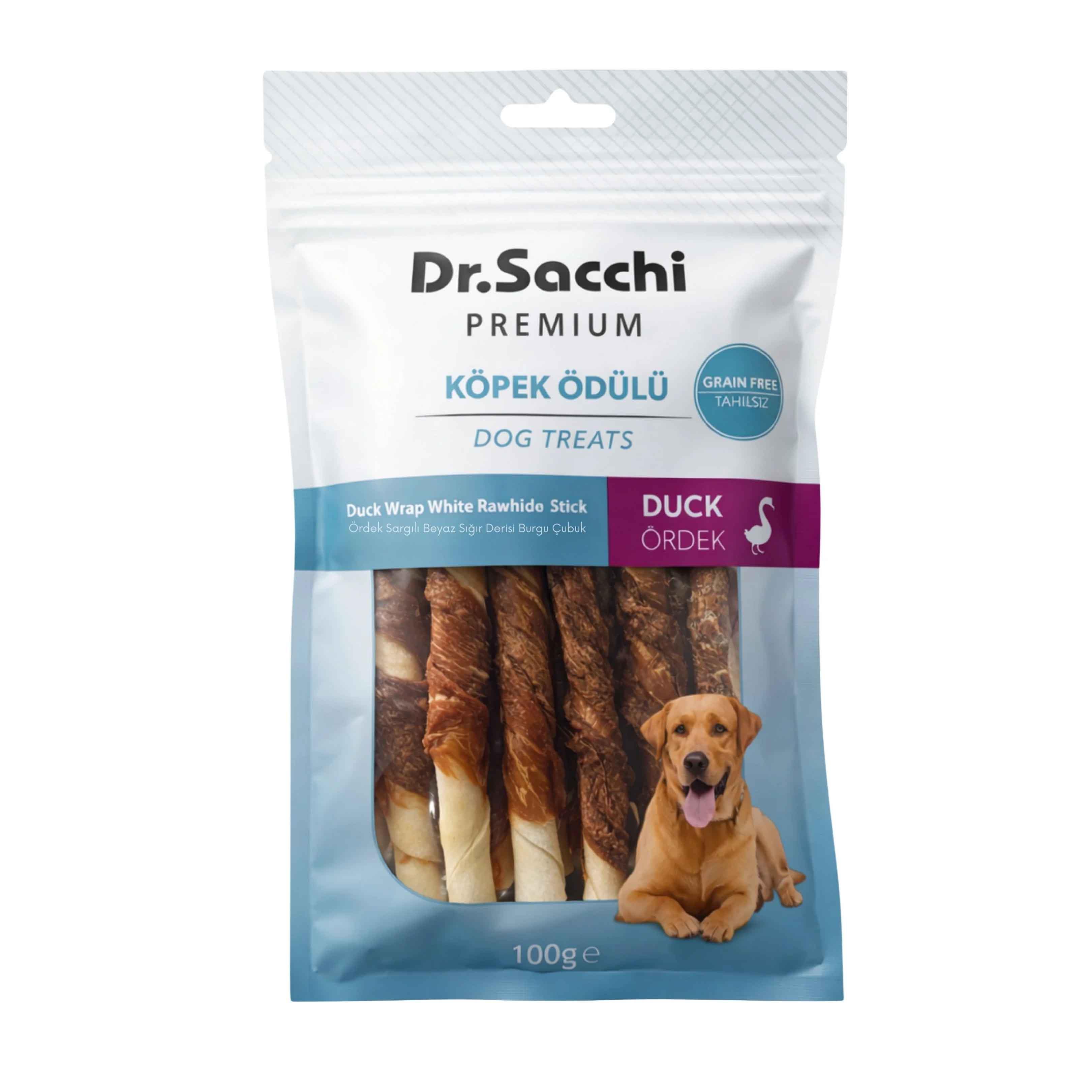 Dr. Sacchi Ördek Sargılı Sığır Derisi Sütlü Burgu Kemik Köpek Ödülü 100 g (10 Adet)