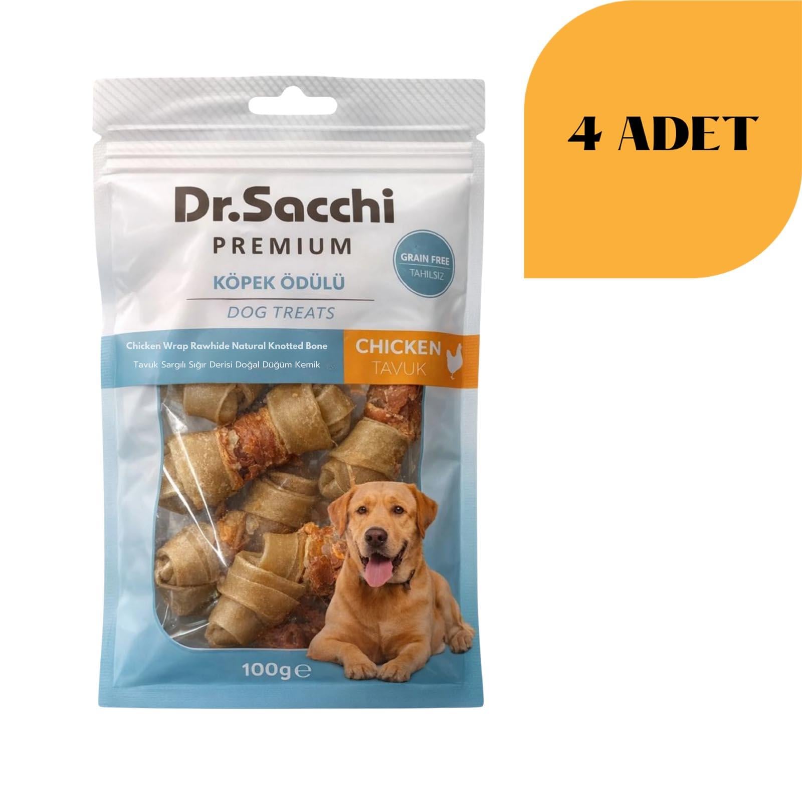 Dr. Sacchi Tavuk Sargılı Sığır Derisi Doğal Düğüm Kemik Köpek Ödülü 100 g x 4 Adet