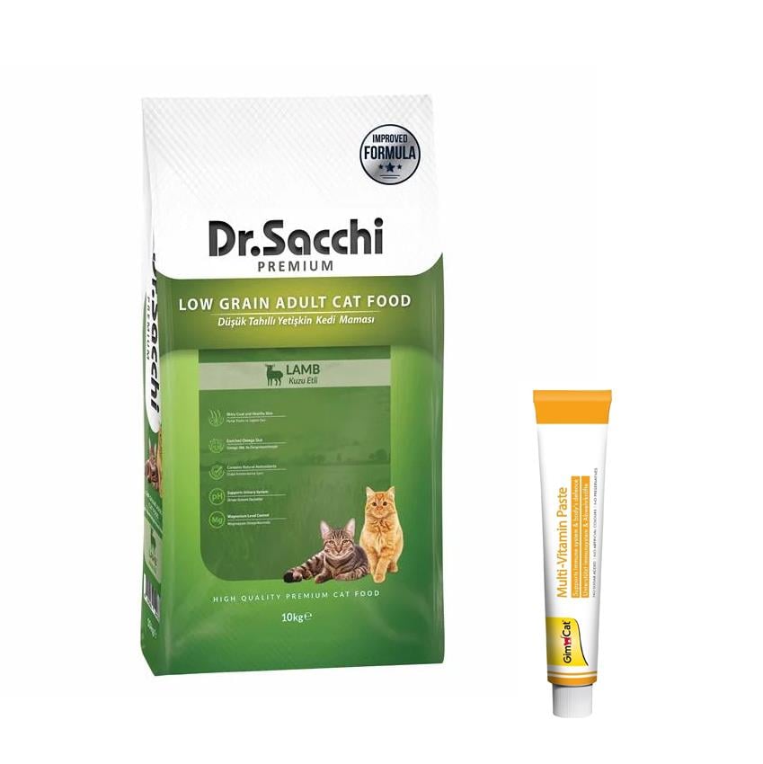 Dr. Sacchi Premium Düşük Tahıllı Kuzu Etli 10 kg Yetişkin Kedi Maması + Gimcat Multivitamin 100 gr