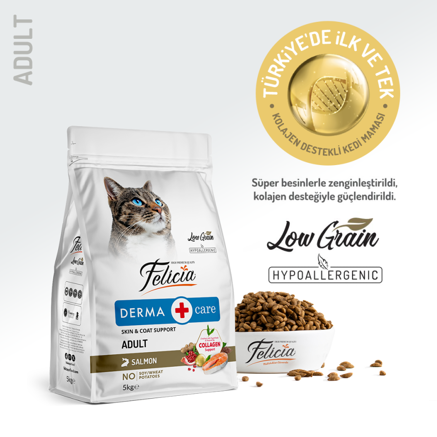 Felicia Derma Care Somonlu Az Tahıllı HypoAllergenic Yetişkin Kedi Maması  5 Kg