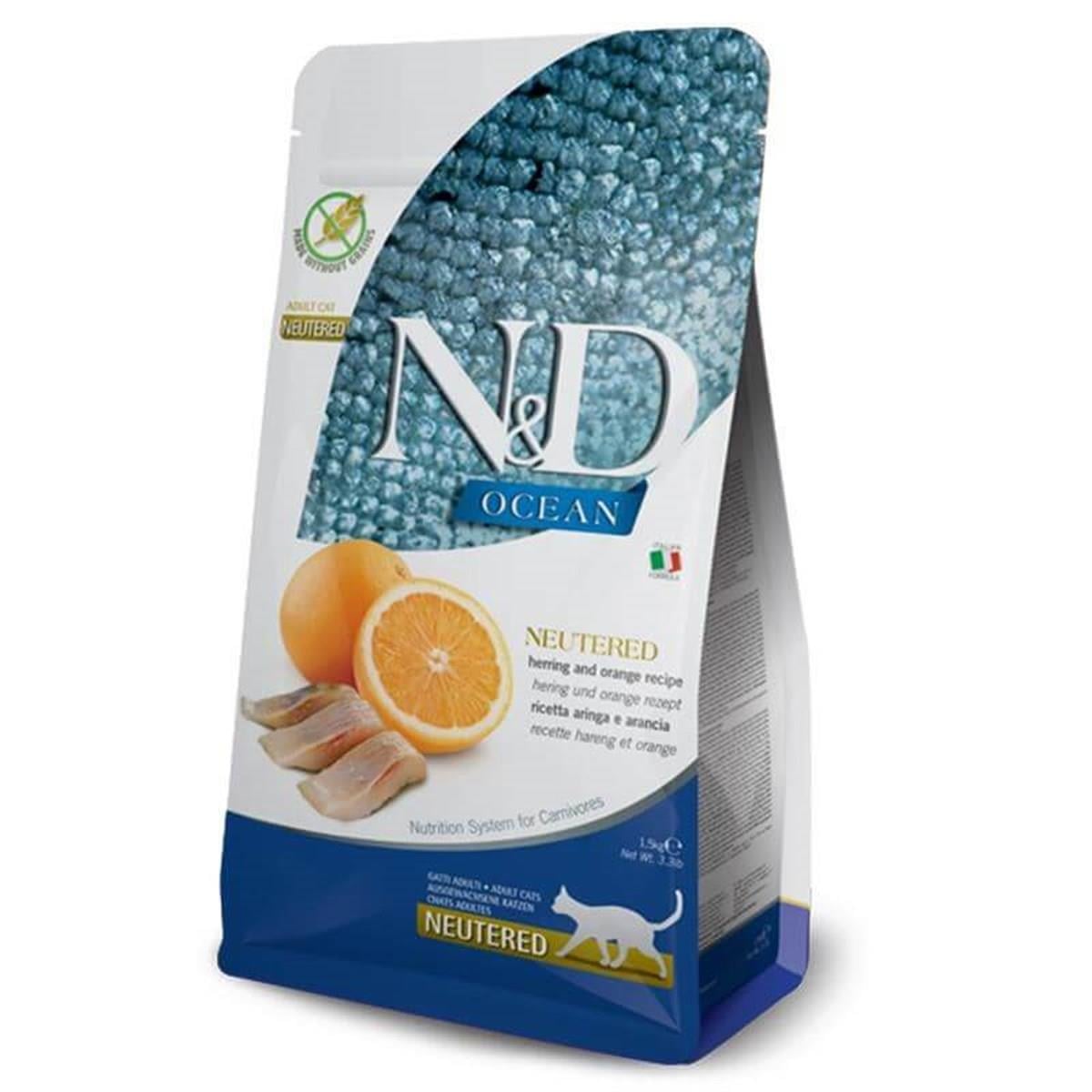 N&D Ocean Ringa Balıklı ve Portakallı Tahılsız Kısırlaştırılmış Kedi Maması 5 kg