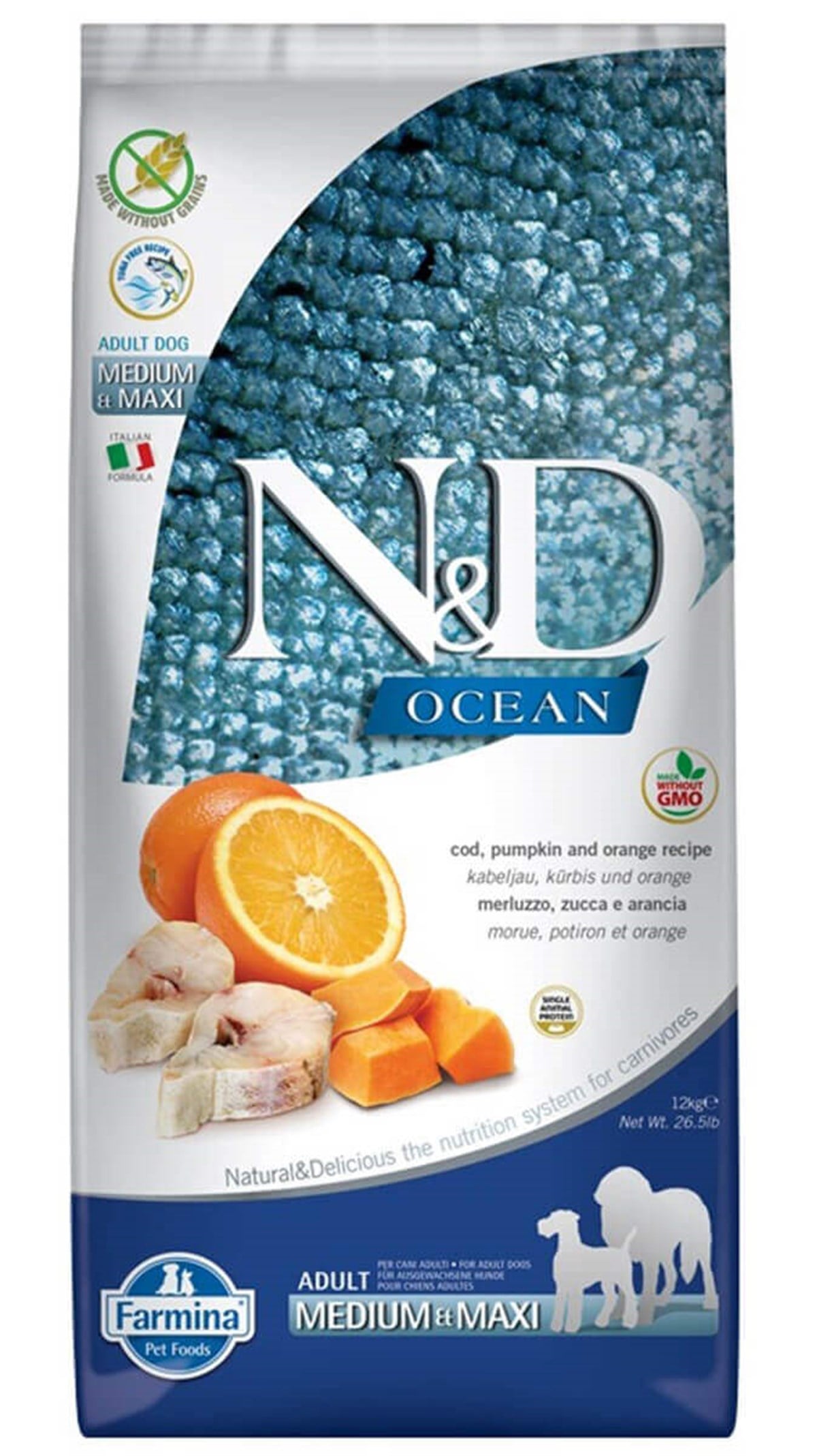 N&D Ocean Tahılsız Balkabaklı Morina Balıklı Orta Ve Büyük Irk Yetişkin Köpek Maması 12 Kg