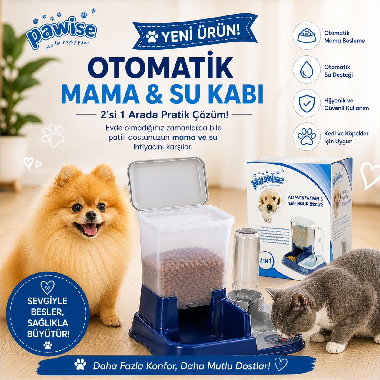 Pawise Otomatik Kedi Köpek Mama Ve Su Kabı 30 x 40 x 20 cm