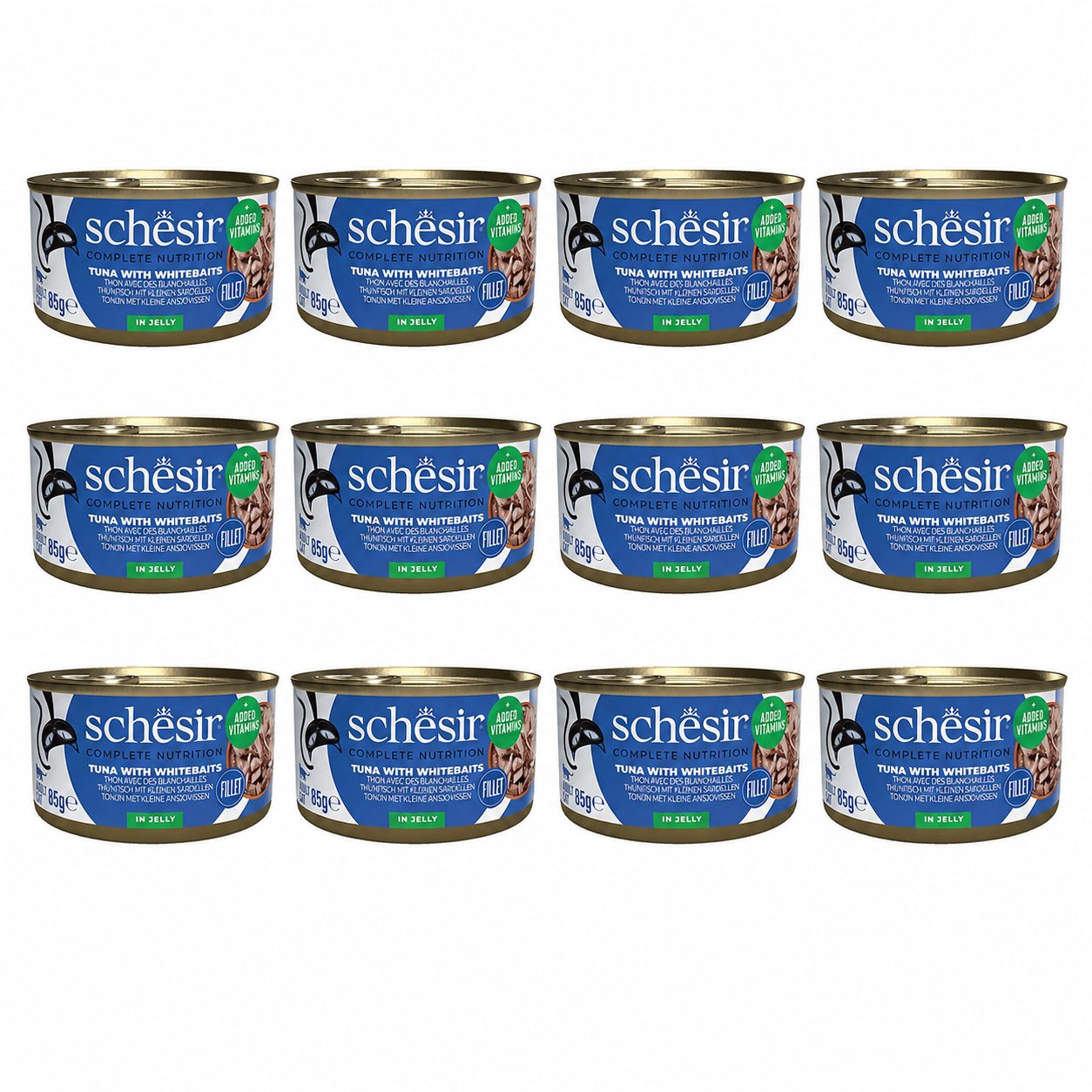 Schesir Jöle İçinde Ton Balıklı Ve Beyaz Balıklı Yetişkin Kedi Konservesi 85 g (12 Adet)