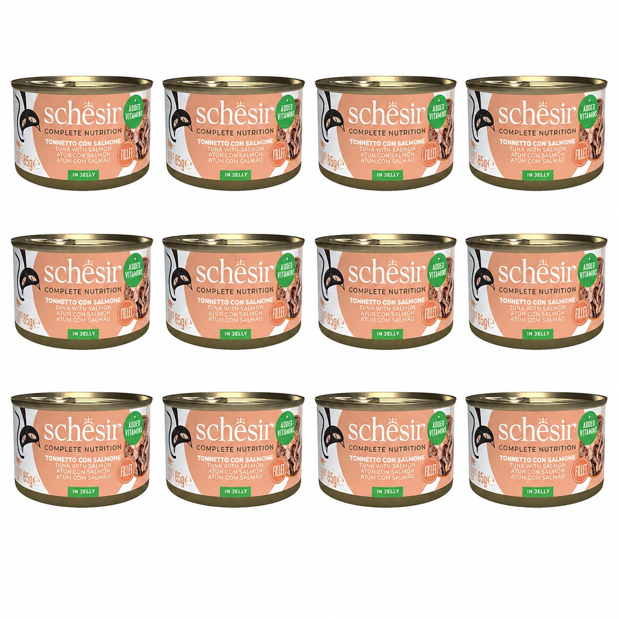 Schesir Jöle İçinde Ton Balıklı Ve Somonlu Yetişkin Kedi Konservesi 85 g (12 Adet)