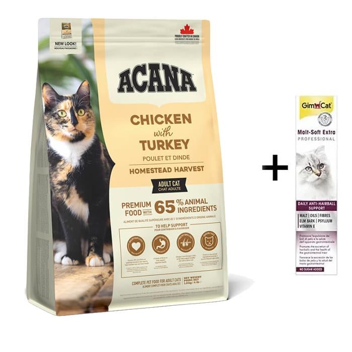 Acana Homestead Harvest Tavuk Ördek ve Hindili Yetişkin Kedi Maması 1,8kg + (Gimcat Malt Extra 100 g)