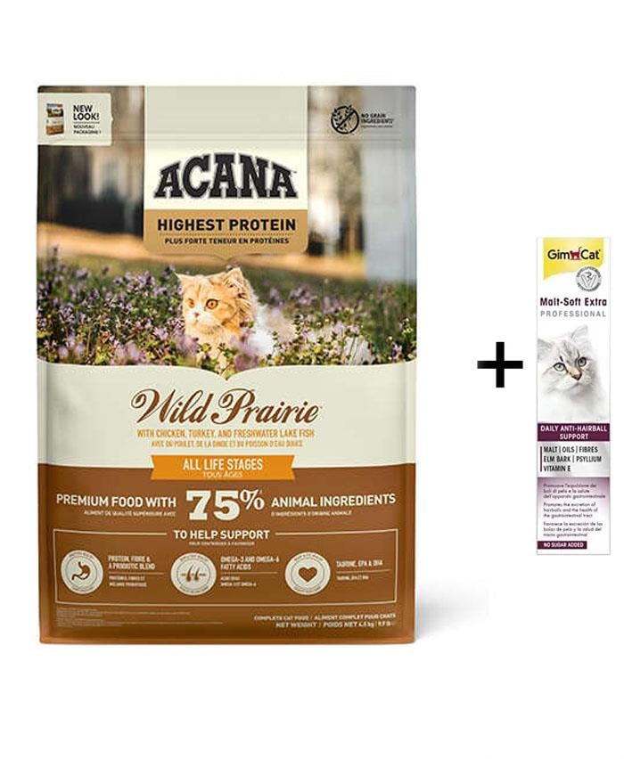 Acana Wild Prairie Tavuklu ve Göl Balıklı Tahılsız Kedi Maması 4,5 kg + (Gimcat Malt Extra 100 g)