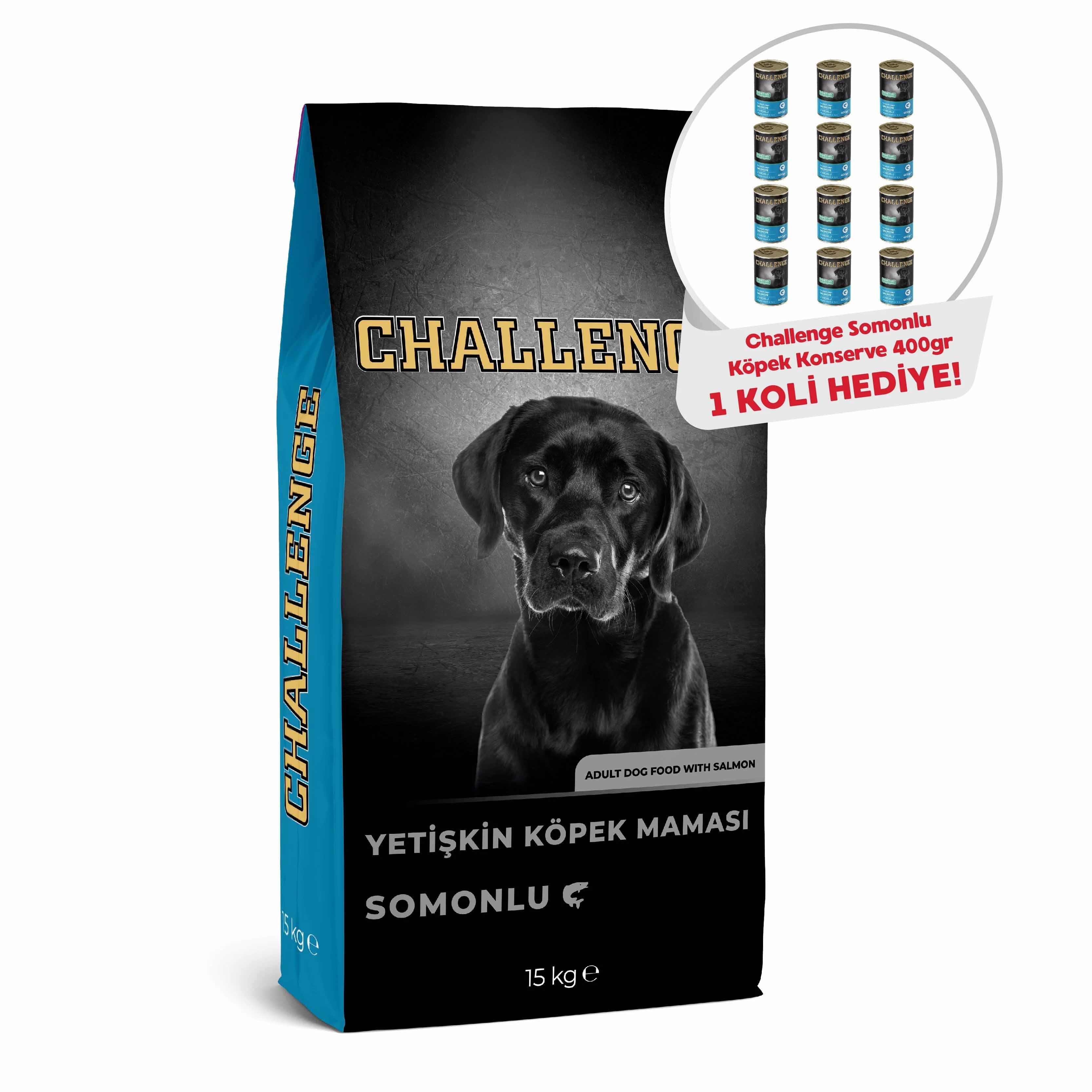 Challenge Somonlu Yetişkin Köpek Maması 15 kg (12 Adet Challenge Kedi Konservesi Hediyeli)