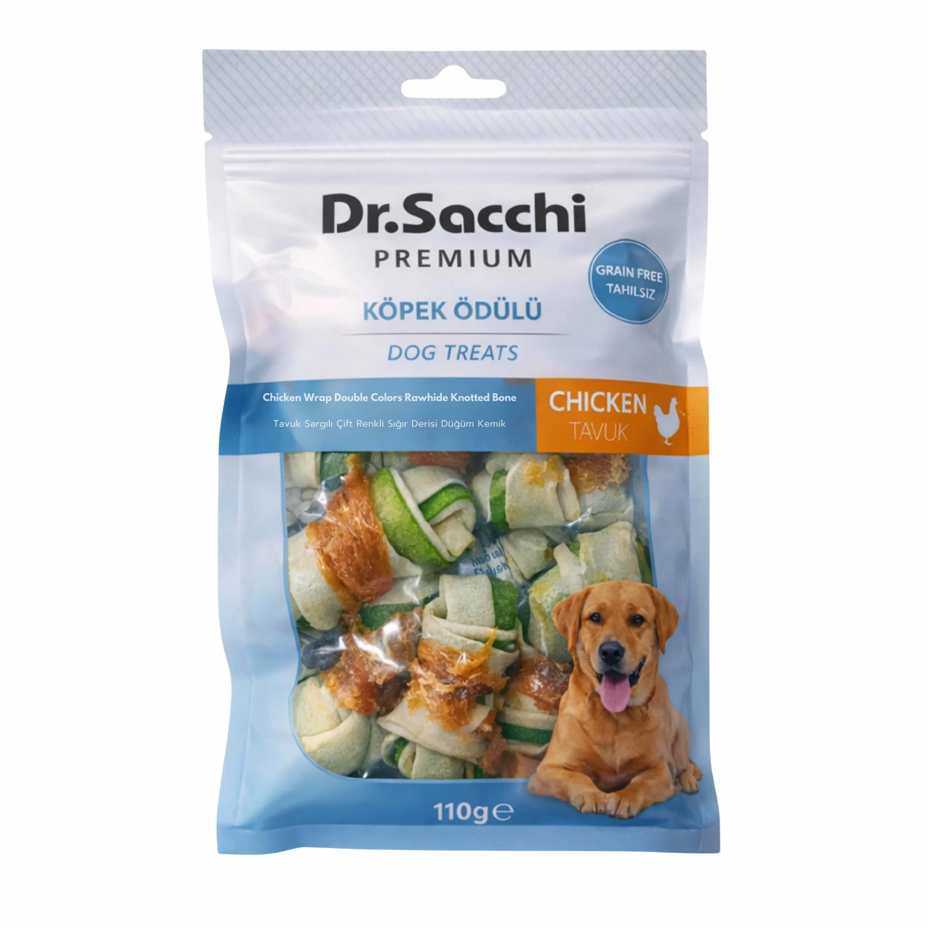 Dr. Sacchi Tavuk Sargılı Sığır Derisi Renkli Düğüm Kemik Köpek Ödülü 110 g (8 Adet)