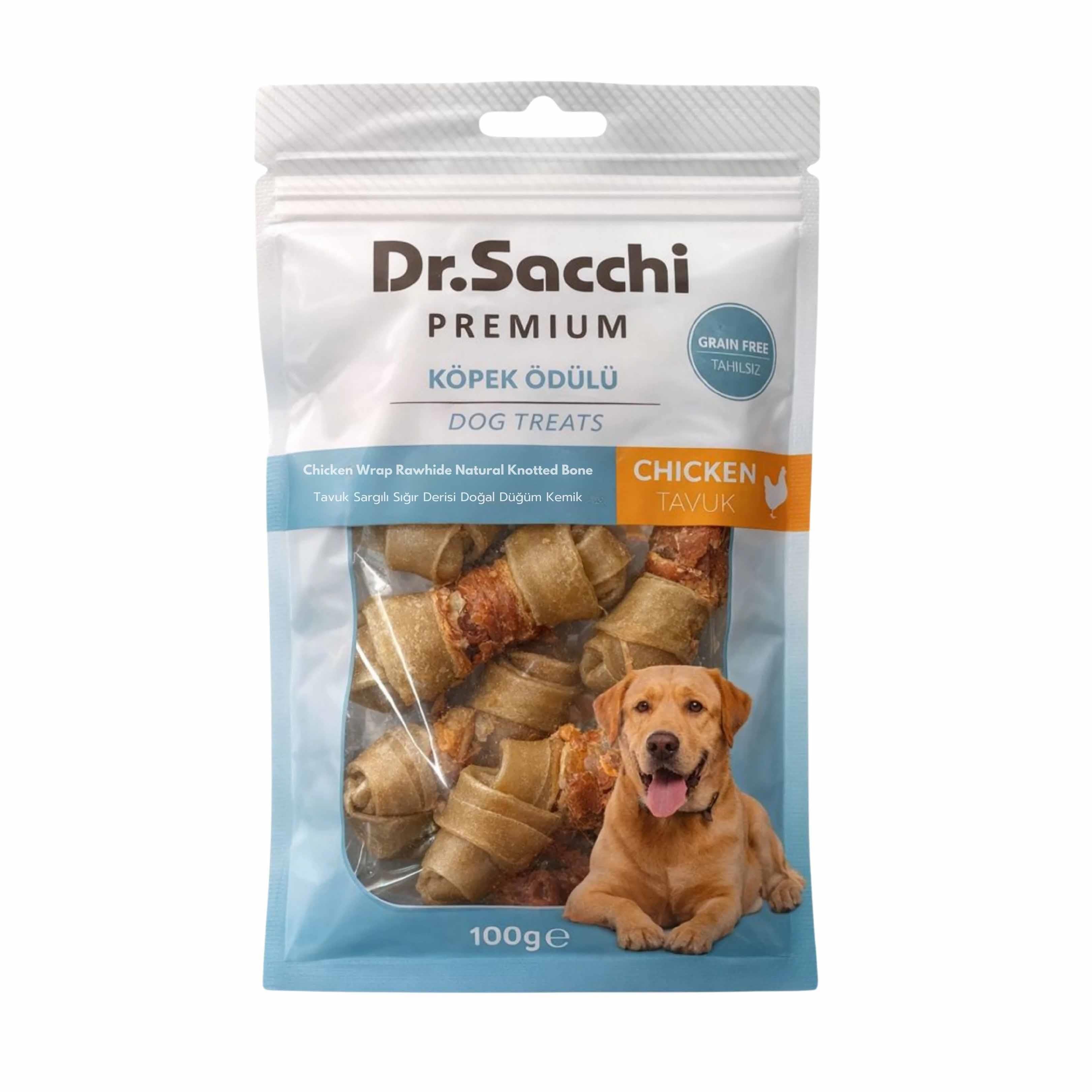 Dr. Sacchi Tavuk Sargılı Sığır Derisi Doğal Düğüm Kemik Köpek Ödülü 100 g (8 Adet)