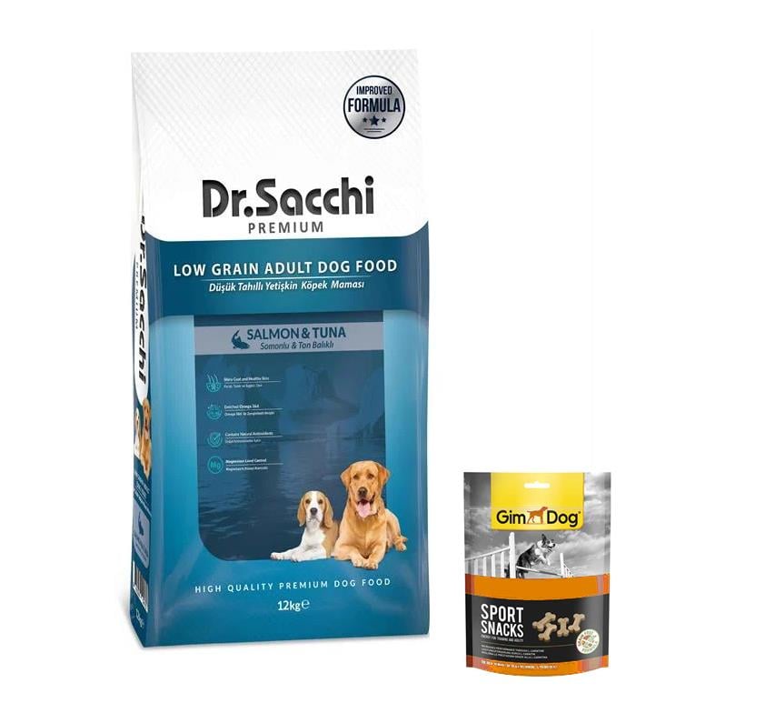 Dr.Sacchi Premium Düşük Tahıllı Ton Ve Somon Balıklı Yetişkin Köpek Maması 12 kg  (Gimdog Sport Sanck Köpek Ödülü 60 gr Hediyeli)