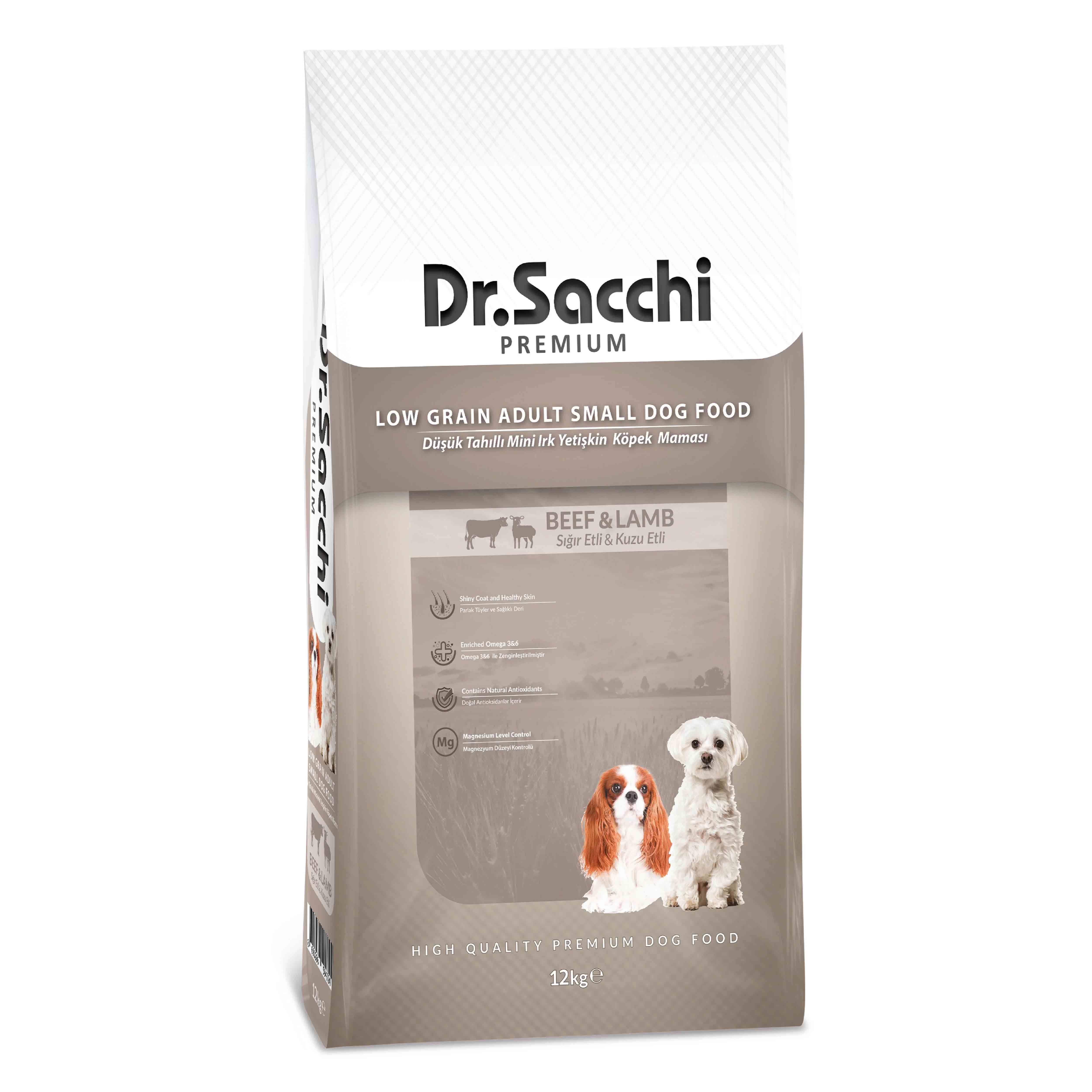 Dr.Sacchi Premium Düşük Tahıllı Sığır Etli ve Kuzu Etli Küçük Irk Köpek Maması  12 Kg