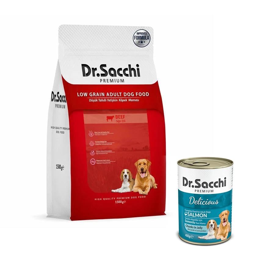 Dr.Sacchi Premium Düşük Tahıllı Sığır Etli Yetişkin Köpek Maması 1,5 kg (Dr Sacchi Konserve Mama Hediye 400 gr)