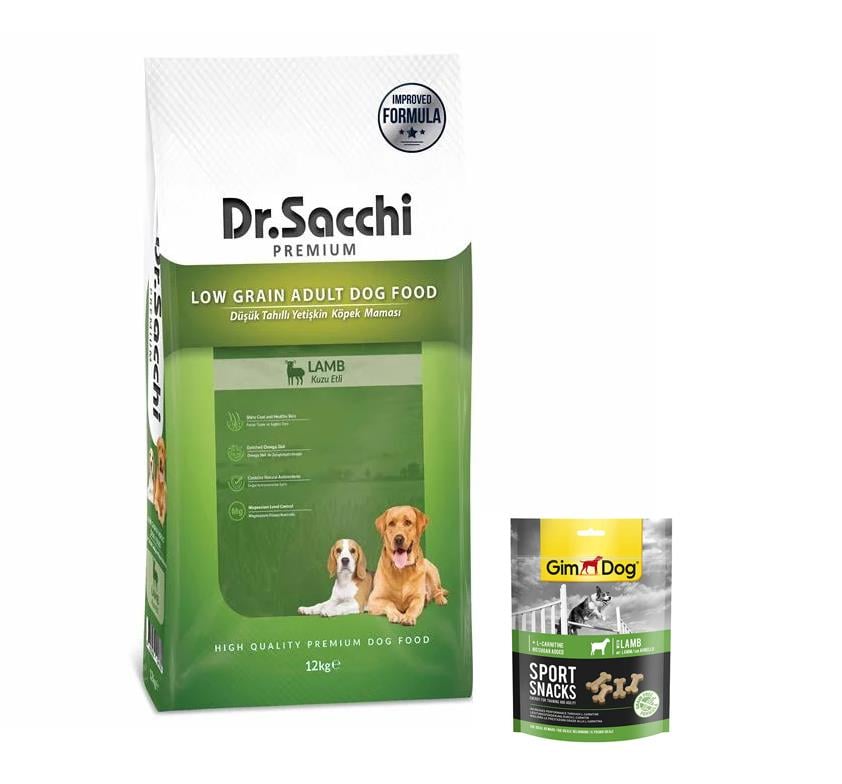 Dr.Sacchi Premium Düşük Tahıllı Kuzu Etli Yetişkin Köpek Maması 12 kg (Gimdog Sport Snack Köpek Ödülü 60 gr Hediyeli)
