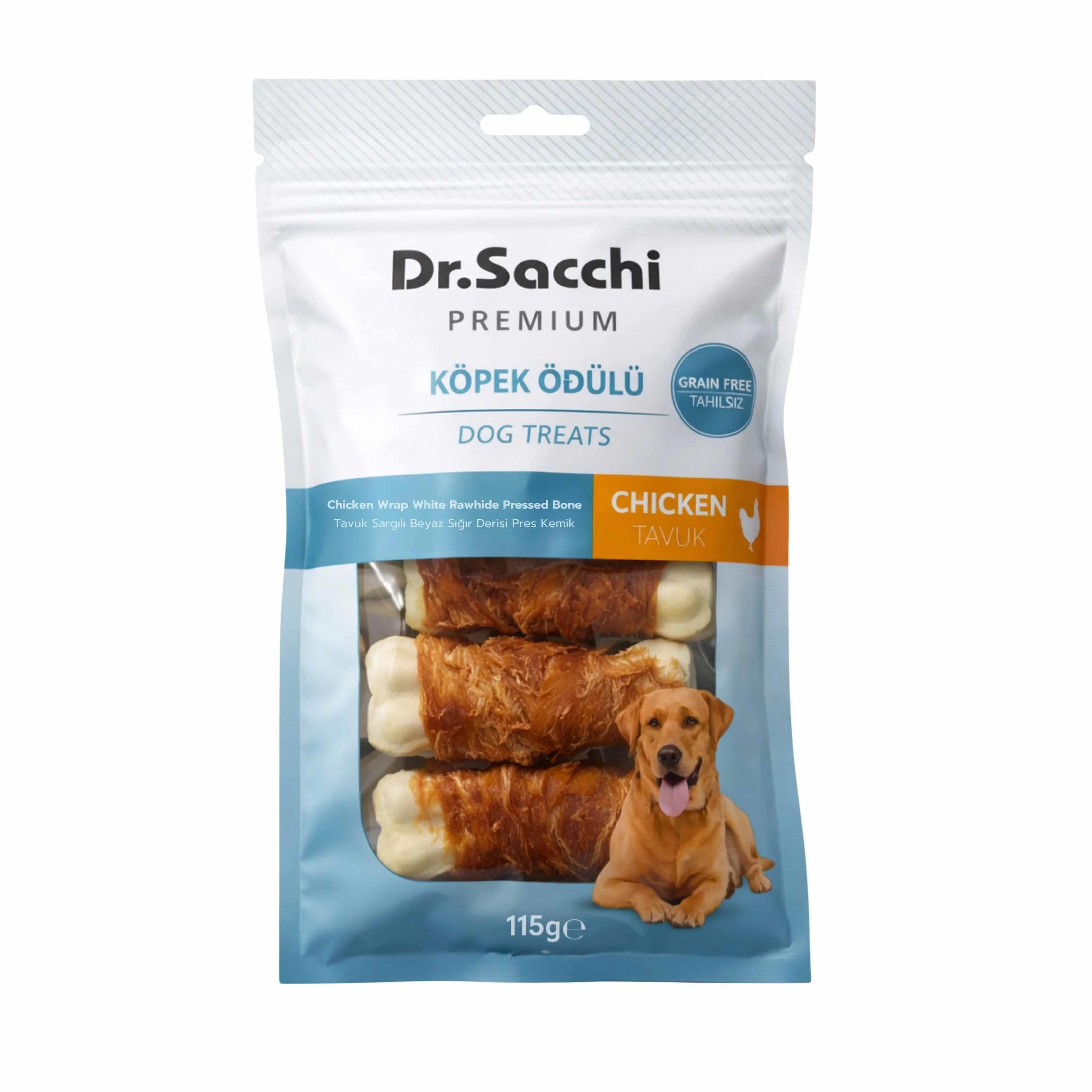 Dr. Sacchi Tavuk Sargılı Sığır Derisi Sütlü Press Kemik Köpek Ödülü 115 g (5 Adet)