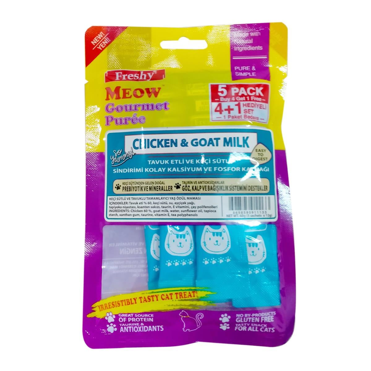 Freshy Meow Tavuk Etli Ve Keçi Sütlü Krema Kedi Ödülü 4 + 1 Adet (60 gr)
