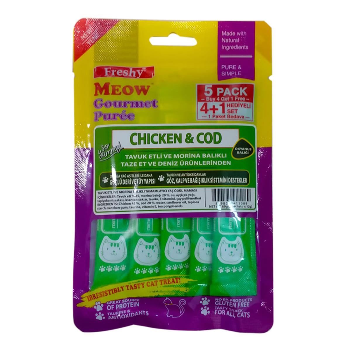 Freshy Meow Tavuk Etli Ve Morina Balıklı Krema Kedi Ödülü 4 + 1 Adet (60 gr)
