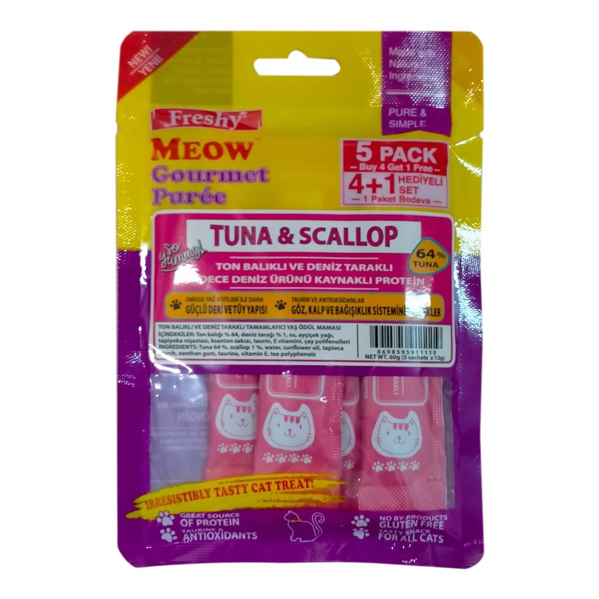 Freshy Meow Ton Balıklı Ve Deniz Taraklı Krema Kedi Ödülü 4 + 1 Adet (60 gr)