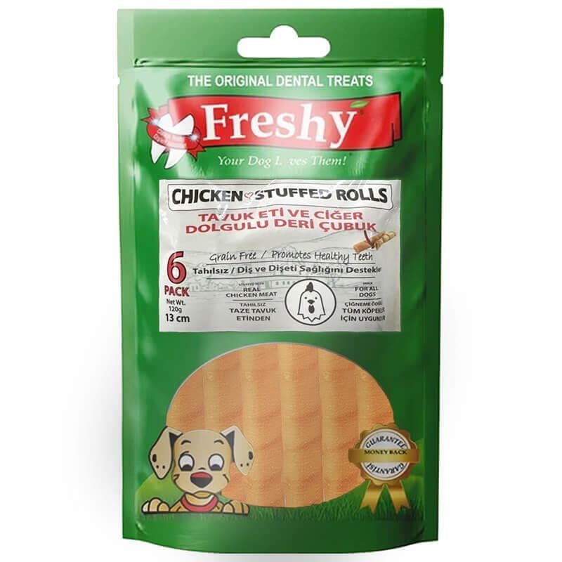 Freshy Tavuk Eti Ve Ciğer Dolgulu Deri Çubuk Köpek Ödülü 120 g (6 Adet)