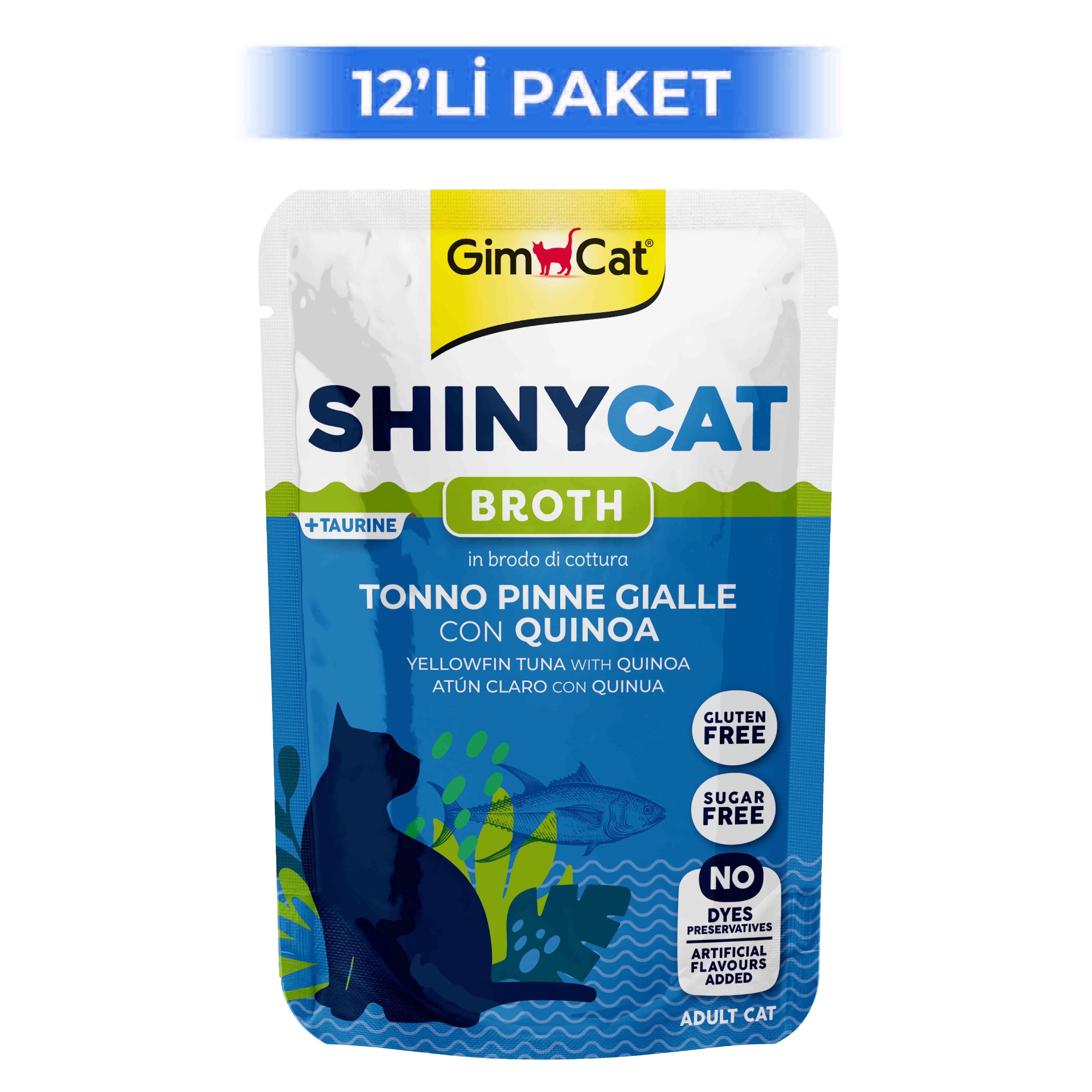 GimCat Shinycat Broth Sarı Yüzgeçli Ton Balığı Ve Kinoalı Pouch Konserve Kedi Maması 70 Gr (12 Adet)