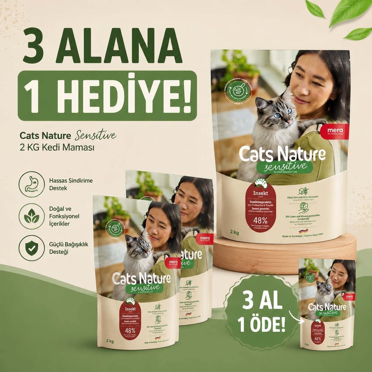 Mera Cat Sensitive Insect Larvalı Yetişkin Kedi Maması  2 KG (3 + 1)