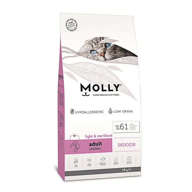 Molly Indoor Light Hipoalerjenik Tavuklu Düşük Tahıllı Kısırlaştırılmış Kedi Maması 15 kg