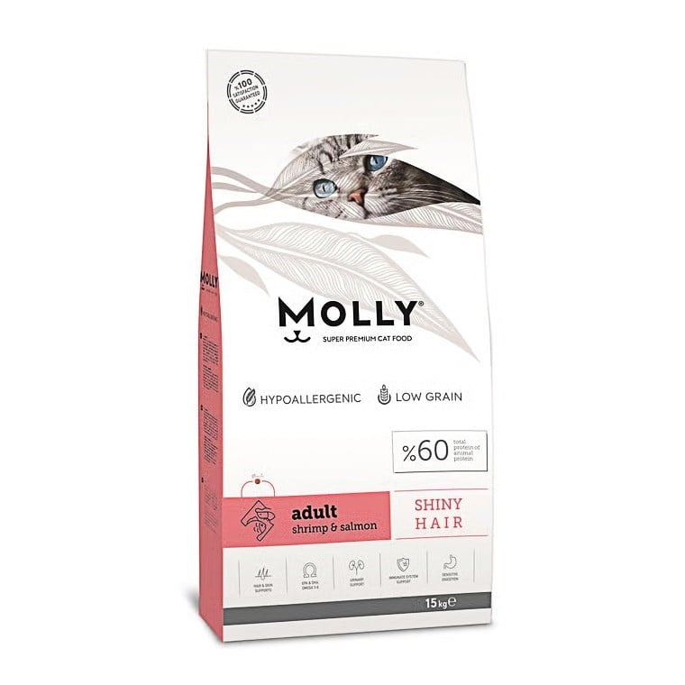 Molly Shiny Hair Somonlu ve Karidesli Düşük Tahıllı Yetişkin Kedi Maması 15 kg
