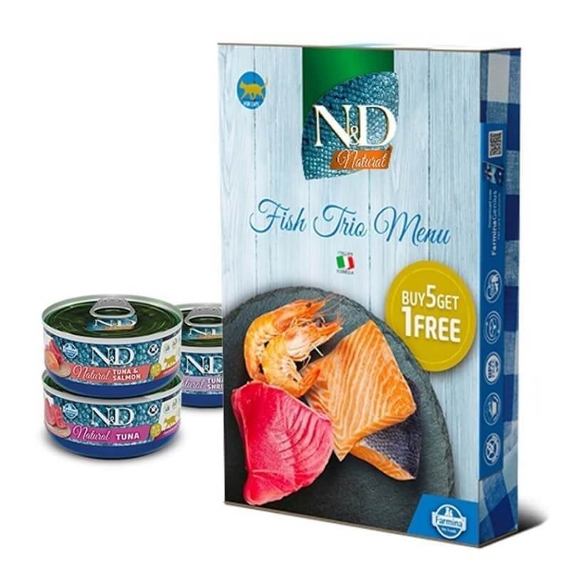 N&D Fish Trio Menü Balıklı Tahılsız Yetişkin Kedi Konservesi  70 g (6 Adet)