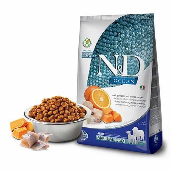 N&D Ocean Morina Balıklı Balkabaklı Portakallı Medium Maxi Yetişkin Köpek Maması 2,5 kg
