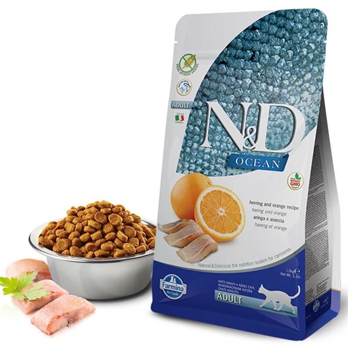 ND Ocean Tahılsız Ringa Balığı Ve Portakallı Yetişkin Kedi Maması 1,5 Kg