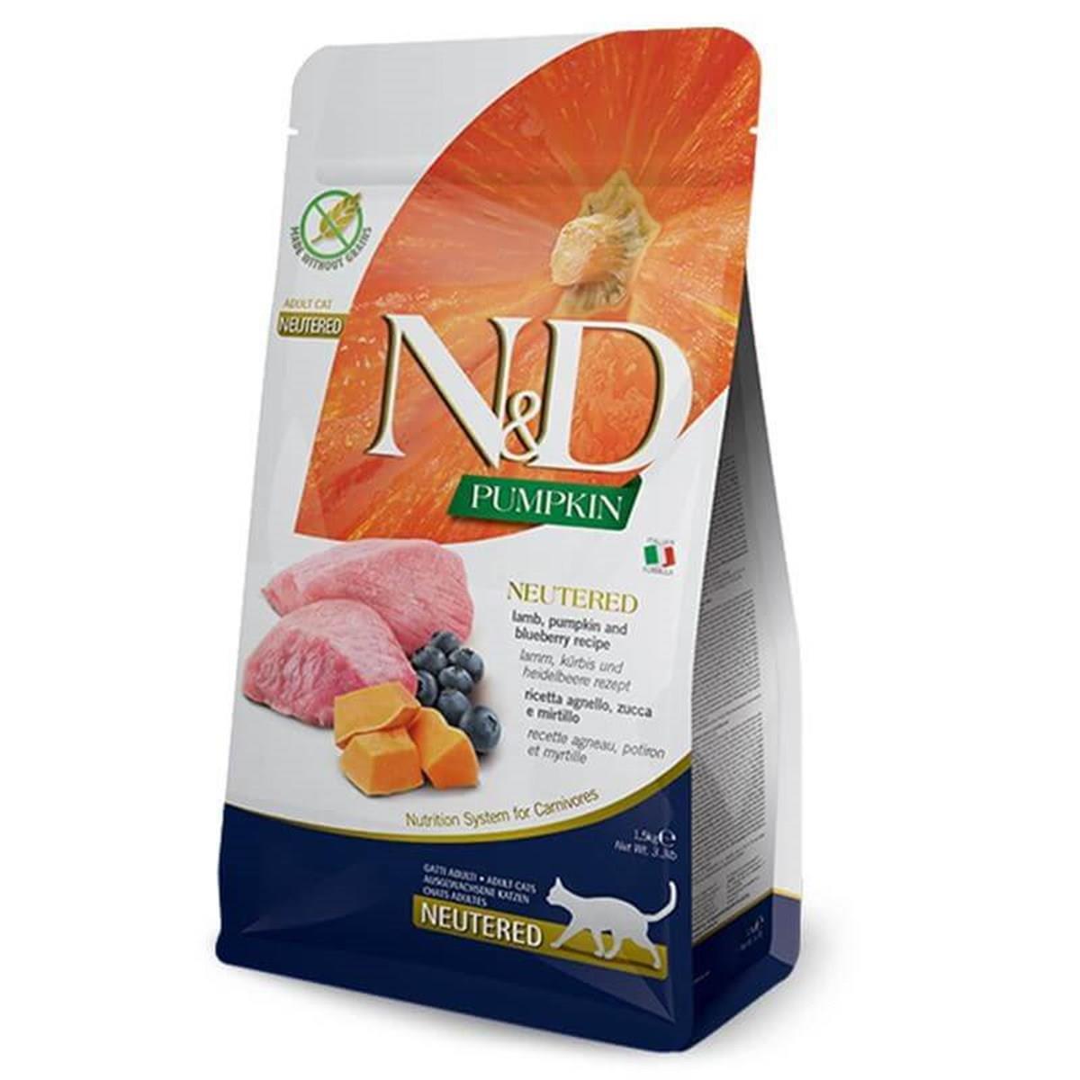 N&D Pumpkin Kuzu Etli Bal Kabaklı ve Yaban Mersinli Tahılsız Kısırlaştırılmış Kedi Maması 1,5kg