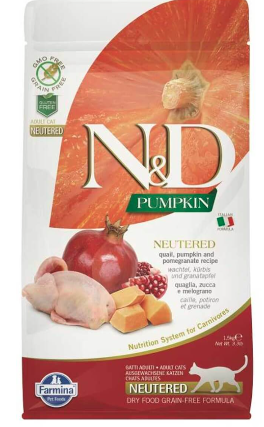 ND Tahılsız Pumpkin Balkabaklı Bıldırcın Etli Narlı Kısırlaştırılmış Yetişkin Kedi Maması 1,5 Kg