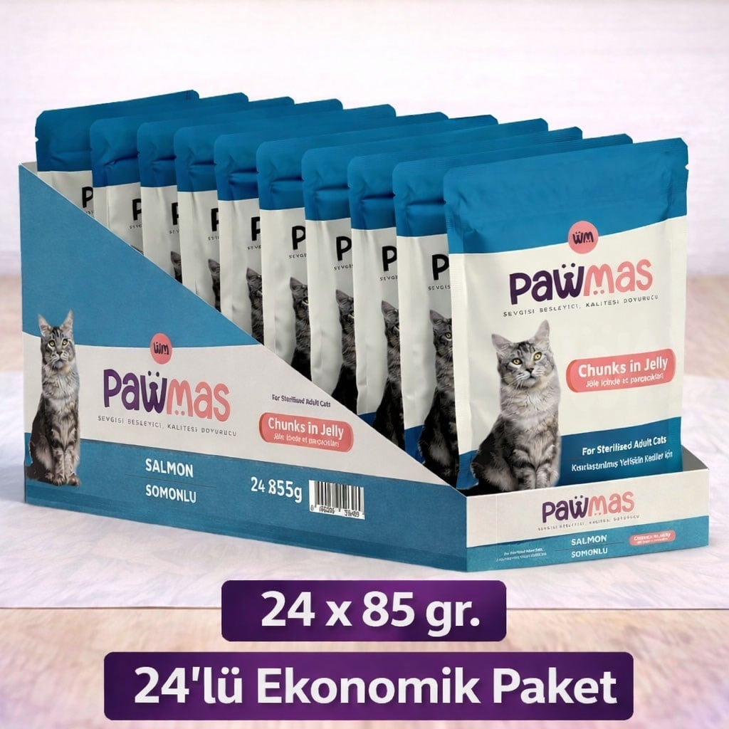 Pawmas Pouch Somonlu Kısırlaştırılmış Kedi Konservesi 85 gr (24 Adet)