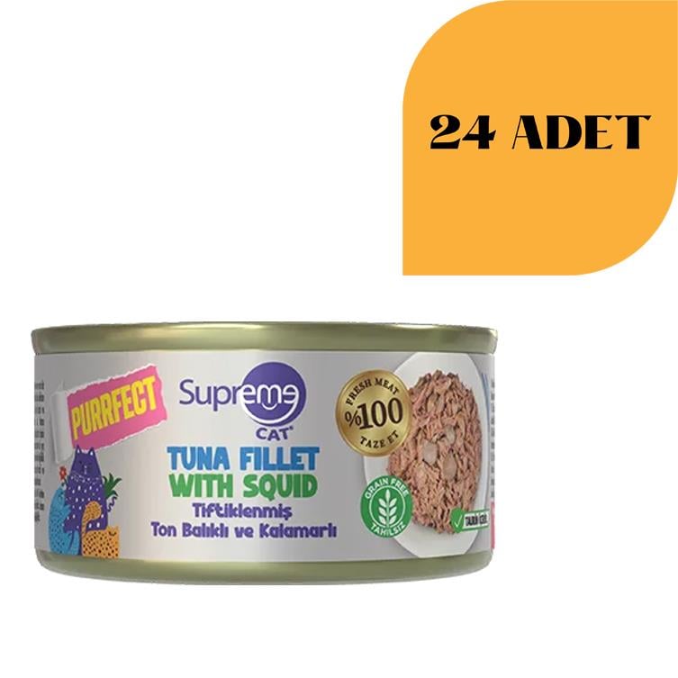 Supreme Cat Purrfect Tiftiklenmiş Ton Balıklı Ve Kalamarlı Konserve Kedi Maması 70 g (24 Adet)
