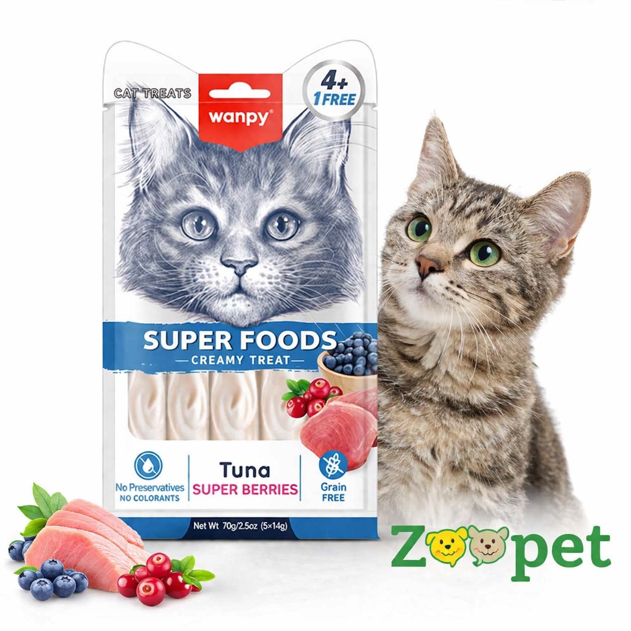 Wanpy  Superfood Creamy Ton Balığı, Kızılcık Ve Yaban Mersini Kedi Ödülü 5 Adet
