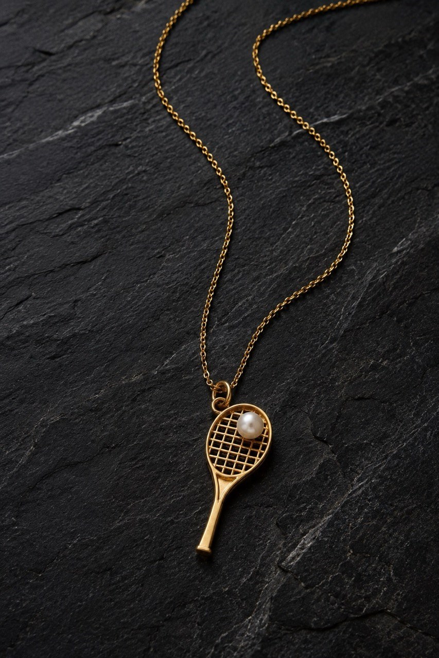 Tenis Raket ve İncili Gümüş Kolye (gold)