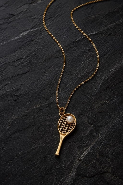 Tenis Raket ve İncili Gümüş Kolye (gold)